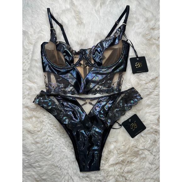 Honey Birdette OLYMPIA🖤 Black Oil Slick Shimmer 2 Piece Set 32DDD & S Brief - Picture 2 of 8